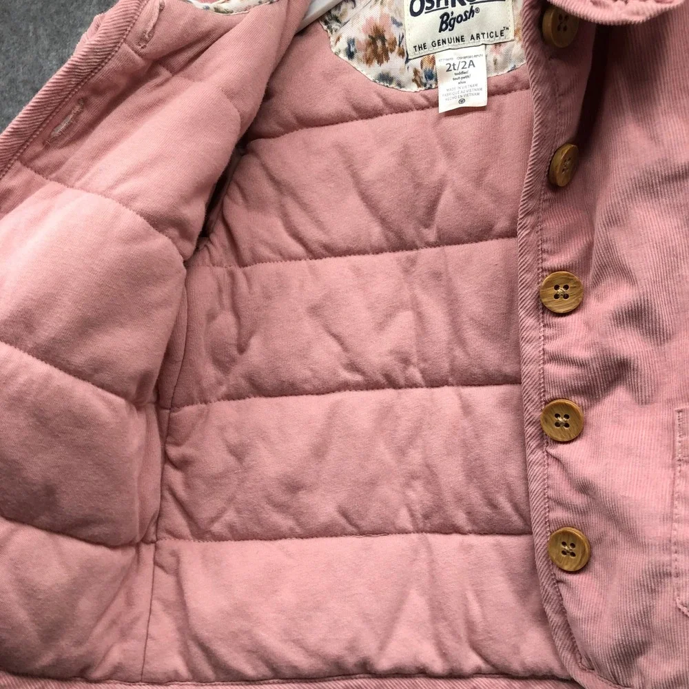 OshKosh B'gosh Corduroy Quilted Jacket Girls 2T Pink Ruffle Collar Button Coat